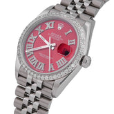 36MM All Steel White Rolex Datejust Red Face Roman Numeral Diamond Dial/Bezel 2.5CTW Jubilee Band Watch