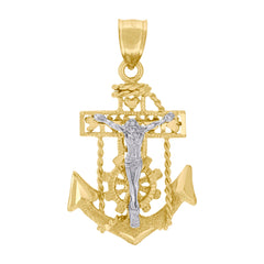 10kt Two-Tone Gold Unisex Diamond-Cut Crucifix Anchor Cross Religious Charm Pendant