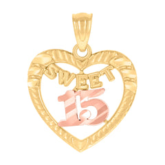 10kt Two-Tone Gold Womens Textured Sweet 15 Anos Quinceanera Heart Charm Pendant