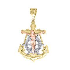10kt Gold Tri-Color Diamond-Cut Mens Anchor Cross Crucifix Religious Charm Pendant