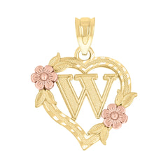 10kt Two-Tone Gold Womens Heart Flower Initial Letter W Charm Pendant