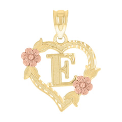 10kt Two-Tone Gold Womens Heart Flower Initial Letter E Charm Pendant