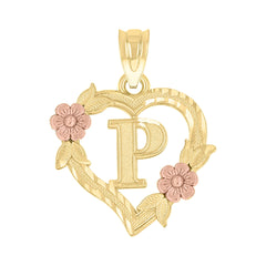 10kt Two-Tone Gold Womens Heart Flower Initial Letter P Charm Pendant
