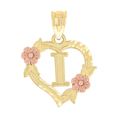 10kt Two-Tone Gold Womens Heart Flower Initial Letter I Charm Pendant