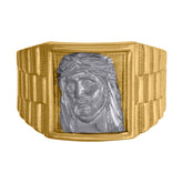 10kt Two-Tone Gold Mens Diamond-Cut Textured Initial Letter F Band Ring