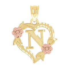 10kt Two-Tone Gold Womens Heart Flower Initial Letter N Charm Pendant