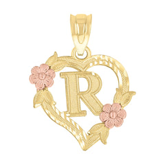 10kt Two-Tone Gold Womens Heart Flower Initial Letter R Charm Pendant