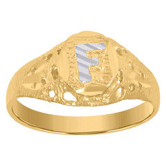 10kt Two-Tone Gold Mens Diamond-Cut Textured Oval Initial Letter F Band Ring
