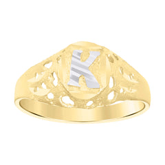 10kt Two-Tone Gold Mens Diamond-Cut Textured Oval Initial Letter K Band Ring