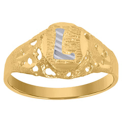 10kt Two-Tone Gold Mens Diamond-Cut Textured Oval Initial Letter L Band Ring