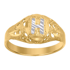 10kt Two-Tone Gold Mens Diamond-Cut Textured Oval Initial Letter H Band Ring