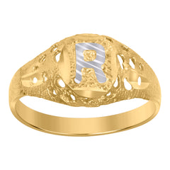 10kt Two-Tone Gold Mens Diamond-Cut Textured Oval Initial Letter R Band Ring