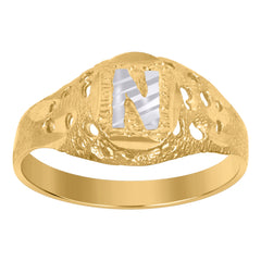 10kt Two-Tone Gold Mens Diamond-Cut Textured Oval Initial Letter N Band Ring