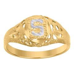 10kt Two-Tone Gold Mens Diamond-Cut Textured Oval Initial Letter S Band Ring