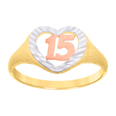 14Kt Gold Womens Tri-Color Diamond-Cut 15 Anos Heart Sz7 Quinceanera Band Ring
