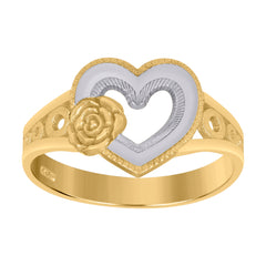 14Kt Gold Womens Two-Tone Diamond-Cut Heart Rose Sz7 Band Ring