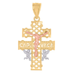 14Kt Gold Womens Tri-Color Caravaca Cross Crucifix Angels Religiousht:29.3Mm Pendant Charm
