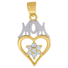 10kt Gold Two-Tone Cubic-Zirconia Womens Heart Flower Mom Charm Pendant
