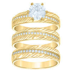 14Kt Gold Womens Two-Tone Diamond-Cut Cz Trio His Hers Center Stone Raised Wedding Engagement Bridal Set Ring