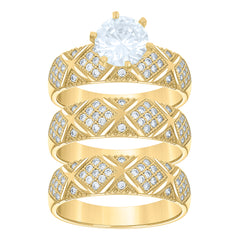 14Kt Gold Womens Two-Tone Diamond-Cut Cz Trio His Hers Center Stone White Wedding Engagement Bridal Set Ring