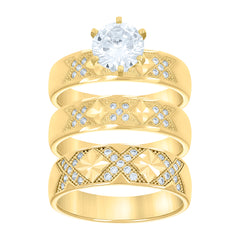 14Kt Gold Two-Tone Womens Diamond-Cut Cz Trio His Hers Center Stone White Wedding Engagement Bridal Set Ring