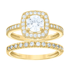 14Kt Gold Womens Two-Tone Cz Duo Square Head Center Stone Sz7 Wedding Engagement Bridal Set Ring