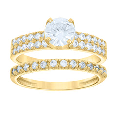 14Kt Gold Womens Two-Tone Cz Duo Three Center Stone White Sz7 Wedding Engagement Bridal Set Band Ring