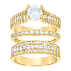 14Kt Gold Womens Two-Tone Cz Trio His Hers Center Stone Princess-Cut Wedding Bridal Set Band Ring