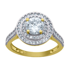 14Kt Gold Womens Two-Tone Cz Double Round Halo Center White Stone Wedding Engagement Band Ring