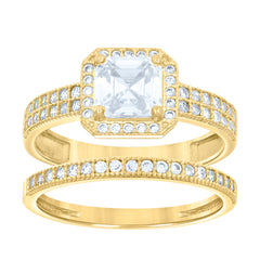 14Kt Gold Womens Two-Tone Cz Duo Center Princess-Cut Wedding Bridal Set Band Ring