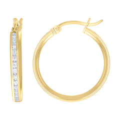 14Kt Yellow Gold Unisex Single Row Cz Huggie Hoop 20Mm X 2Mm Earrings