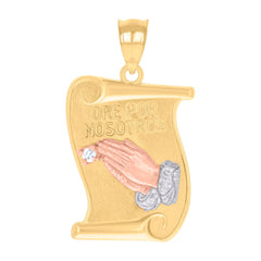 14Kt Gold Unisex Tri-Color Cz Praying Hands Ore Por Nosotros Ht:27.3Mm Pendant