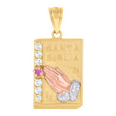 14Kt Gold Unisex Tri-Color Cz Santa Biblia Praying Hands Ht:26.5Mm Pendant Charm