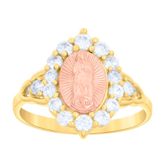14Kt Gold Womens Tri-Color Cz Guadalupe Mary Oval Head Sz7 Religious Ring Band