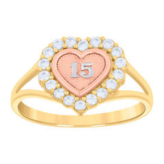 14kt Tri-color Gold Womens Cubic-Zirconia Sweet 15 Heart Quinceanera Ring