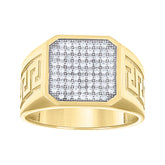 14Kt Gold Mens Two-Tone Cz Greek Key Engraved Side Bands Square Head Ring Band