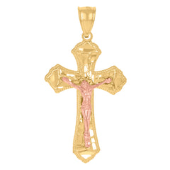 14Kt Gold Womens Two-Tone Diamond-Cut Nugget Cross Crucifix Jesus Ht:40.9Mm Pendant Charm