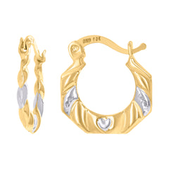 10kt Gold Two-Tone Diamond-cut Womens Octagon Heart Embossed Hinged Hoops Huggies