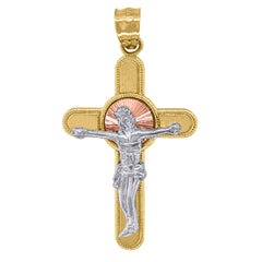 14Kt Gold Mens Tri-Color Cross Crucifix Religious Charm Pendant