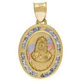 14Kt Tri-Color Gold Unisex Cz Textured Religious Oval Jesus Medal Charm Pendant