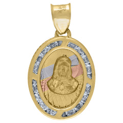 14Kt Tri-Color Gold Unisex Cz Textured Religious Oval Jesus Medal Charm Pendant