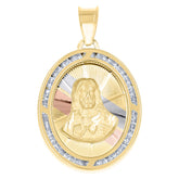 14Kt Tri-Color Gold Unisex Cz Religious Oval Charm Pendant