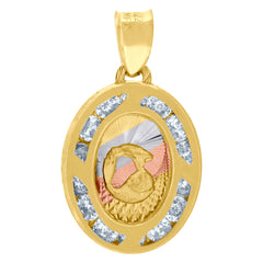 10kt Tri-Color Gold Unisex Cubic-Zirconia Textured Religious Oval Charm Pendant