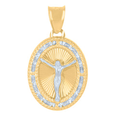 14Kt Two-Tone Gold Unisex Cz Crucifix Religious Oval Charm Pendant