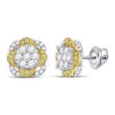 14kt White Gold Womens Round Yellow Diamond Flower Cluster Earrings 5/8 Cttw