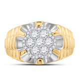 10kt Two-tone Yellow White Gold Mens Round Diamond Flower Cluster Ribbed Ring 1.00 Cttw