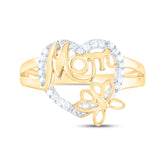 10kt Yellow Gold Womens Round Diamond Mom Mother Heart Butterfly Ring 1/6 Cttw