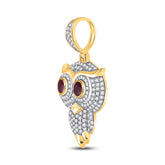 10kt Yellow Gold Mens Round Ruby Diamond Owl Bird Charm Pendant 2-5/8 Cttw