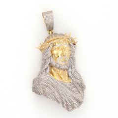 THORN CROWN JESUS TWO TONE ROUND DIAMOND PENDANT - 10KT YELLOW + WHITE GOLD & 2.25CTW