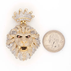 LION HEAD WITH CROWN TWO TONE DIAMOND PENDANT - 10KT YELLOW + WHITE GOLD & 4.95 CTW